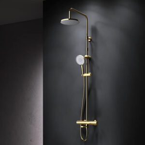F0785A599 X-Joy, душ.система: см-ль д/ванны/душа с ТМС, душ.штанга,верх.душ 220мм, руч.душ, золото