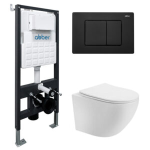 Комплект подвесной унитаз ABBER Bequem AC1100T белый с инсталляцией AC0105 и кнопкой AC0120MB черный матовый