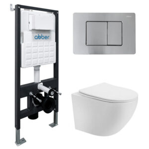 Комплект подвесной унитаз ABBER Bequem AC1100T белый с инсталляцией AC0105 и кнопкой AC0120MCH матовый хром