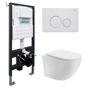 Комплект подвесной унитаз ABBER Bequem AC1100T белый с инсталляцией AC0105 и кнопкой AC0121MW белая матовая