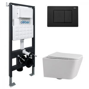Комплект подвесной унитаз ABBER Rechteck AC1201 белый с инсталляцией AC0105 и кнопкой AC0120MB черный матовый