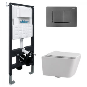 Комплект подвесной унитаз ABBER Rechteck AC1201 белый с инсталляцией AC0105 и кнопкой AC0120NG никель