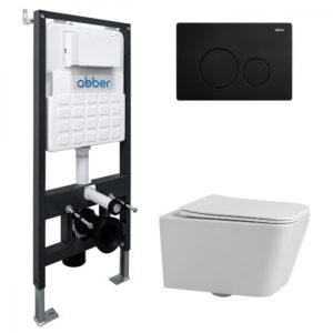 Комплект подвесной унитаз ABBER Rechteck AC1201 белый с инсталляцией AC0105 и кнопкой AC0121MB черный матовый