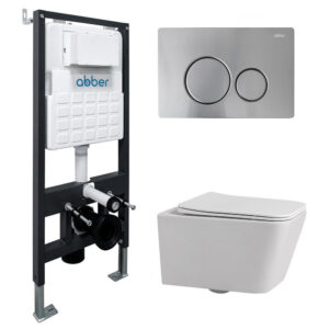 Комплект подвесной унитаз ABBER Rechteck AC1201 белый с инсталляцией AC0105 и кнопкой AC0121MCH матовый хром