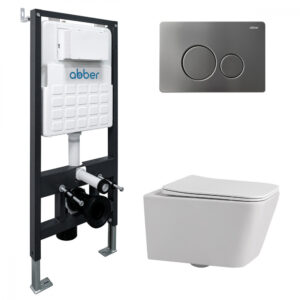 Комплект подвесной унитаз ABBER Rechteck AC1201 белый с инсталляцией AC0105 и кнопкой AC0121NG никель