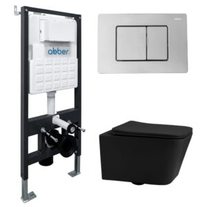 Комплект подвесной унитаз ABBER Rechteck AC1201MB черный матовый с инсталляцией AC0105 и кнопкой AC0120 хром