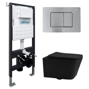 Комплект подвесной унитаз ABBER Rechteck AC1201MB черный матовый с инсталляцией AC0105 и кнопкой AC0120MCH матовый хром