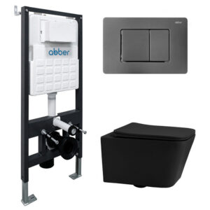 Комплект подвесной унитаз ABBER Rechteck AC1201MB черный матовый с инсталляцией AC0105 и кнопкой AC0120NG никель